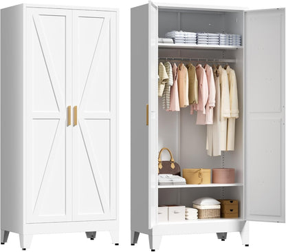 LCAOPC 71" Tall Metal Wardrobe Closet with Adjustable Shelves and Hanging Rod, 2 Doors Free Standing Armoire Wardrobe Cabinet for Bedroom, Office, Laundry Room, White