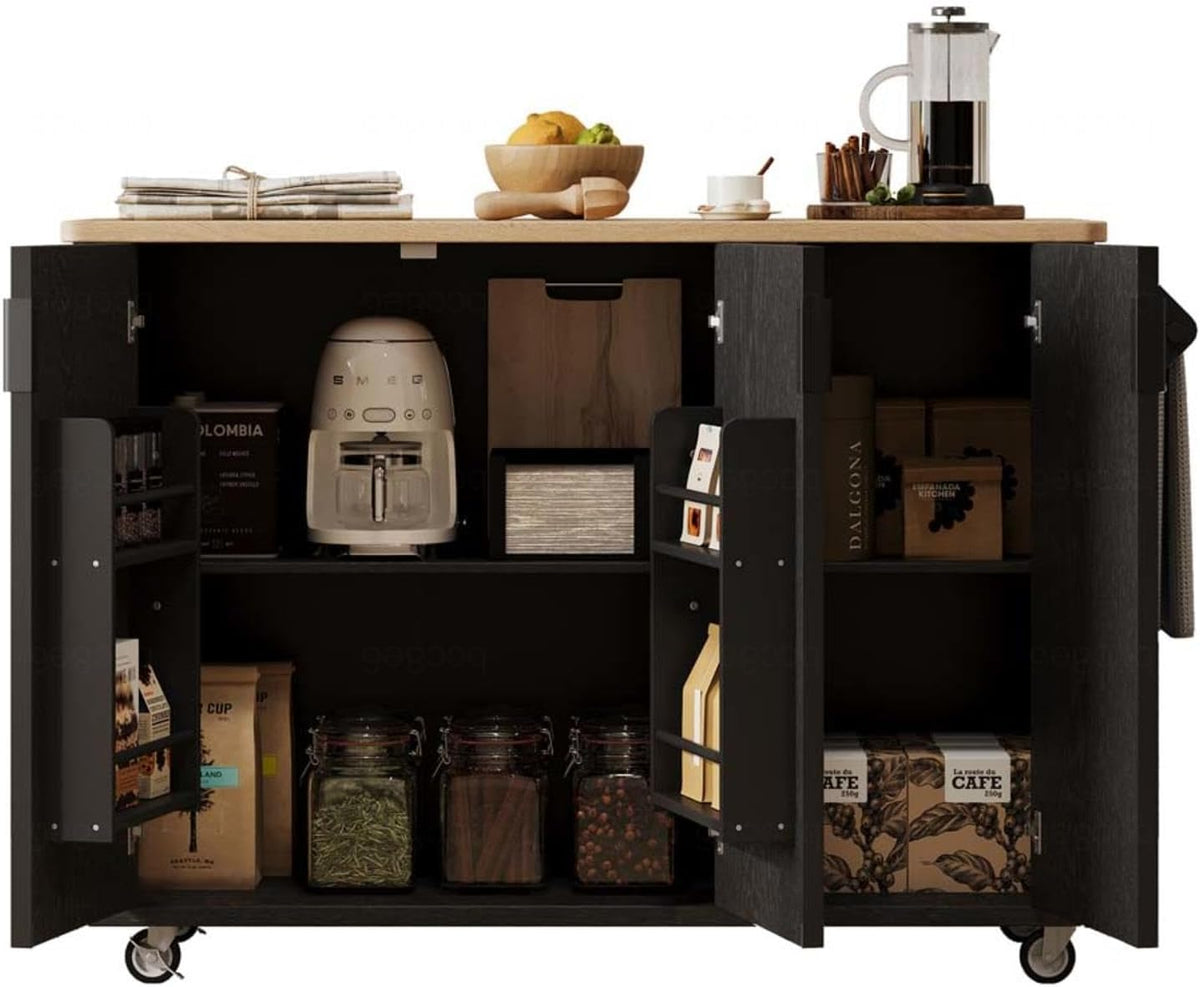 Kitchen Island with Storage with Drop Leaf Height-Adjustable Shelves, Movable Kitchen Island with Wheels Towel Rack， for Kitchen, Dining Room, Black