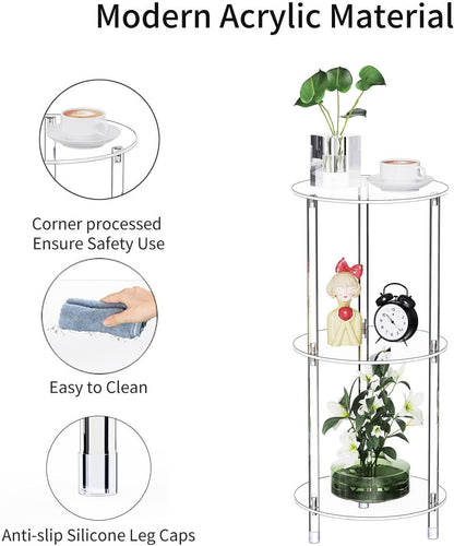 Clear Round Acrylic Side Table for Small Spaces, 11.81" L x 11.81" W x 26.7" H, 3 Tier Small Modern Drink End Table Nightstand, Minimalist Bedside Table for Living Room, Bedroom, Bathroom