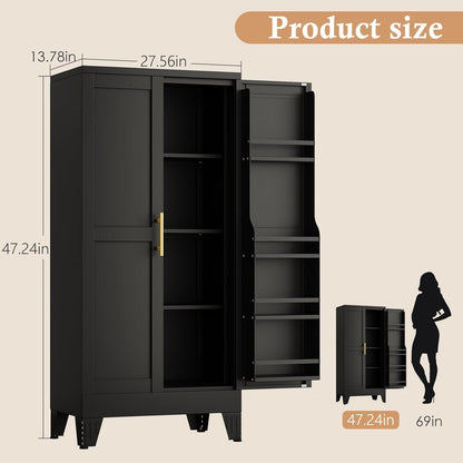 47.2" H Tall Metal Kitchen Pantry Storage Cabinet, Freestanding Storage Cabinet with Magnetic Doors and Adjustable Shelves, Black Metal Pantry Cabinets for Dining Room and Living Room