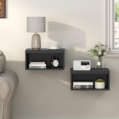 MAHANCRIS Floating Nightstand Set of 2, Wooded Wall Mounted Nightstand, Floating Bedside Table with Open Shelf Cubby, Floating Night Stand Wall Shelf for Bedroom Living Room, Kitchen, Black ETBK4901S2