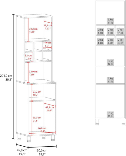 White Kitchen Pantry with Pneumatic Door and Open Storage | Pneumatic door for smooth opening and concealed storage space