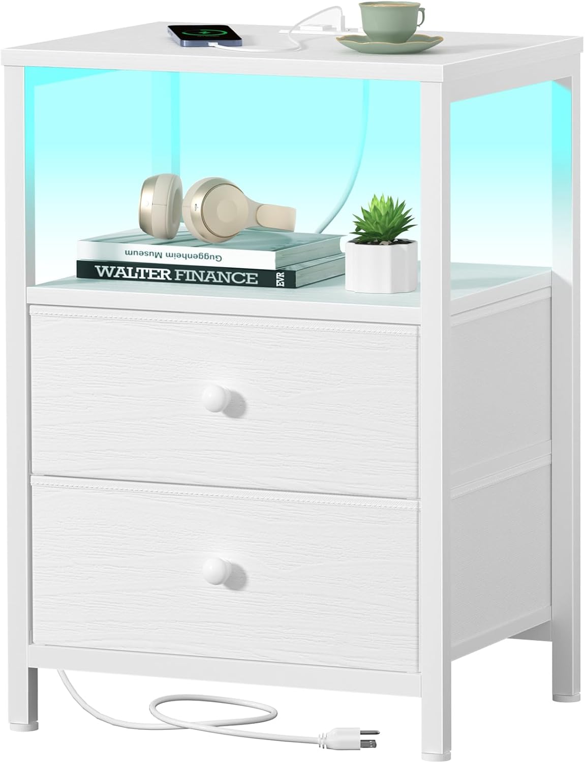 BOLUO White Nightstand with Charging Station, LED Night Stand with 2 Fabric Drawers, Bedside Table with USB Ports and Outlets, Nightstand for Bedroom Modern