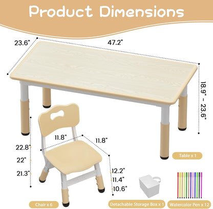 IDEALHOUSE Kids Table with 6 Chairs Set, Toddler Activity Table with Chairs | Adjustable Height & Storage Boxes, 47" x 24" Wood Grain Top, for Home, Classroom, Daycare, Natural (Water Pen Not Included)