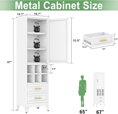 Ckzbx Tall Narrow Storage Cabinet, 66.93" H Tall Bathroom Cabinet Metal Pantry Cabinets with Hollowed-Out, 3 Adjustable Shelves, for Kitchen, Bathroom, Home Office, Living Room (White)