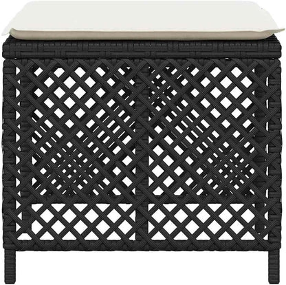 4-Piece Garden Stool Set in Black with Poly Rattan and Powder-Coated Steel, Square Outdoor Seats with Removable Washable Cushion Covers, 14.2-Inch Height for Patio Balcony