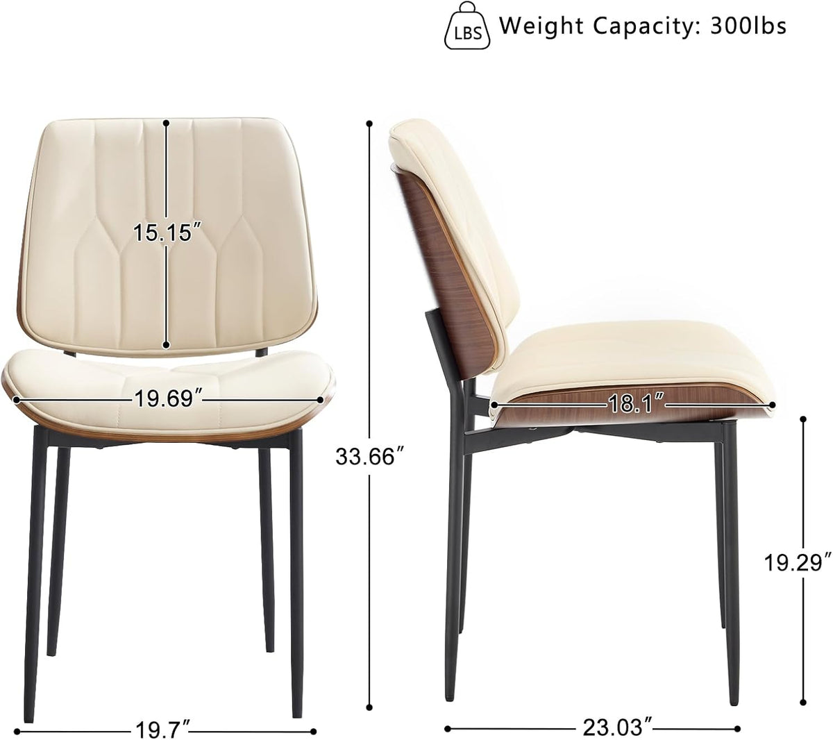 BV Mid Century Dining Chairs Set of 6, PU Leather Bentwood, Beige | Upholstered PU leather seat with walnut bentwood back, armless, retro mid-century style for kitchen, dining & living room