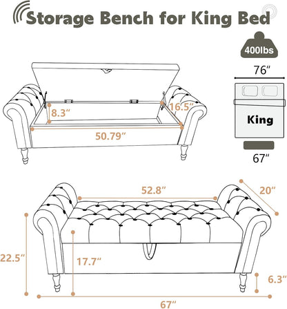 67'' End of Bed Storage Bench King Size, Storage Bench for Bedroom End of Bed, Upholstered Velvet Tufted Storage Ottoman Benches with Arms for Living Room, Entryway, Black