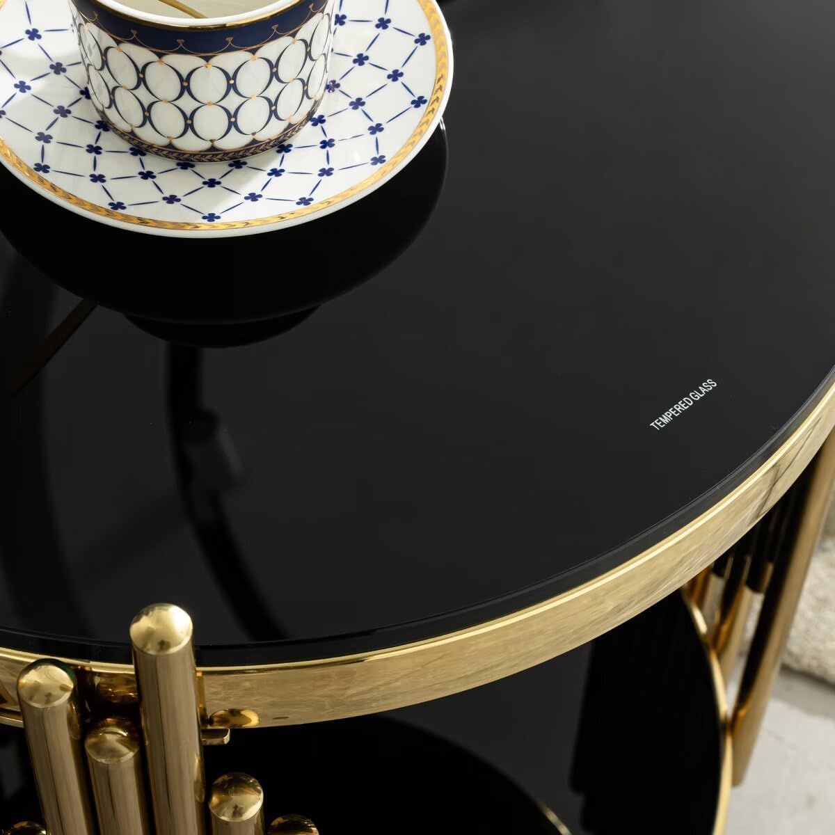 17.72" Round Glass End Table Black, Modern Gold Living Room Table with Stainless Steel Irregular Leg, Small Sofa Side Tables Coffee Tables for Home Office, Black
