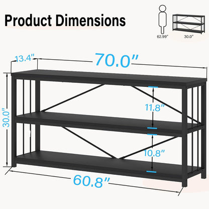 LVB Farmhouse Industrial Console Table for Home, Black Oak, 70 Inch | Wood Metal Foyer Entryway Sofa Tables with Storage, 3 Tier Long Rustic Entry Table TV Stand with Shelves for Home Living Room