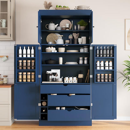 Merax 77''Tall Freestanding Kitchen Pantry,Farmhouse Tall Storage Cabinet with 2 Standard Plugs and 2 USB Ports,Wood Food Pantry with Adjustable Shelves,Door Shelves, Drawers and Wine Racks,Blue