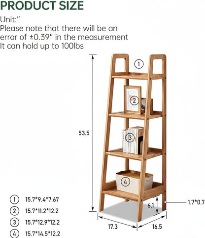 100% Solid Oak 4 Tier Ladder Shelf, Small Bookshelf, Ladder Bookshelf, Bookcase with Stable Frame, Small Table for Living Room Bedroom (Natural,17.32" D x 16.53" W x 53.54" H)