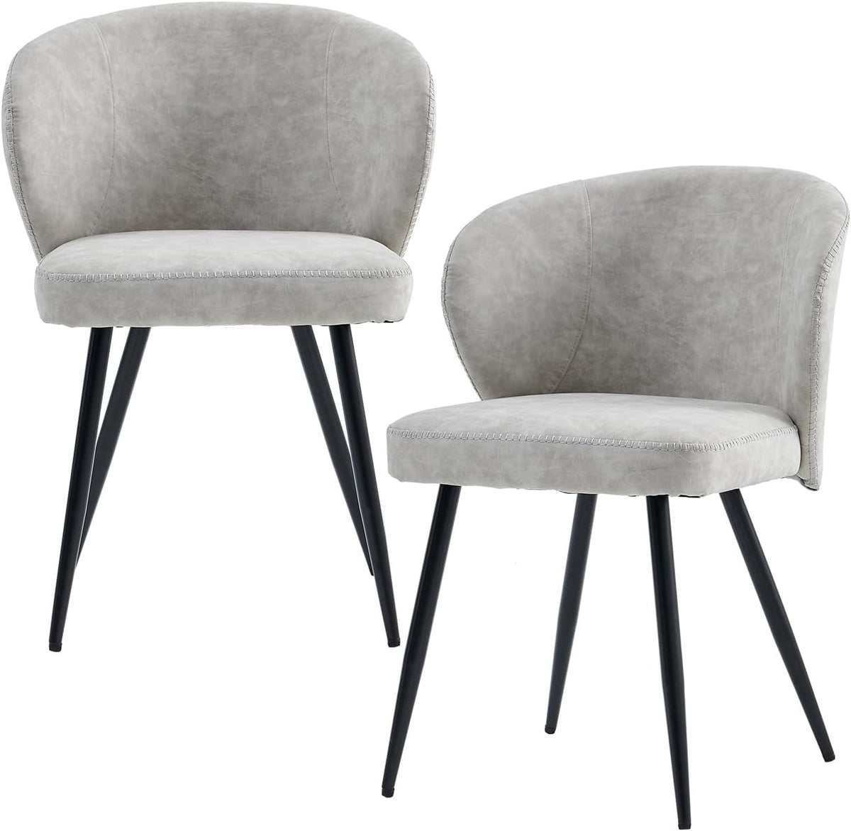 Dining Chairs Set of 2, Mid Century Modern Kitchen Chairs with Leather Cushion & Metal Legs, Upholstered Dining Room Chair with Curved Backrest for Home Kitchen, Grey