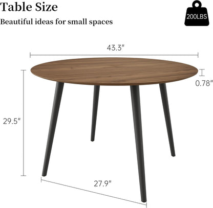 HIPIHOM 43.3 Inch Walnut Round Dining Table for 4, Space-Saving Dinette Perfect for Kitchen Dining Living Room(Walnut Table)