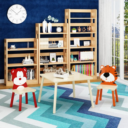 3 Pieces Kids Table and Chairs Set- Wooden Toddler Activity Table and 2 Chair Set with Bear and Tiger Chairs, Play Drawing Table for Daycare Classroom Nursery Home, Natural