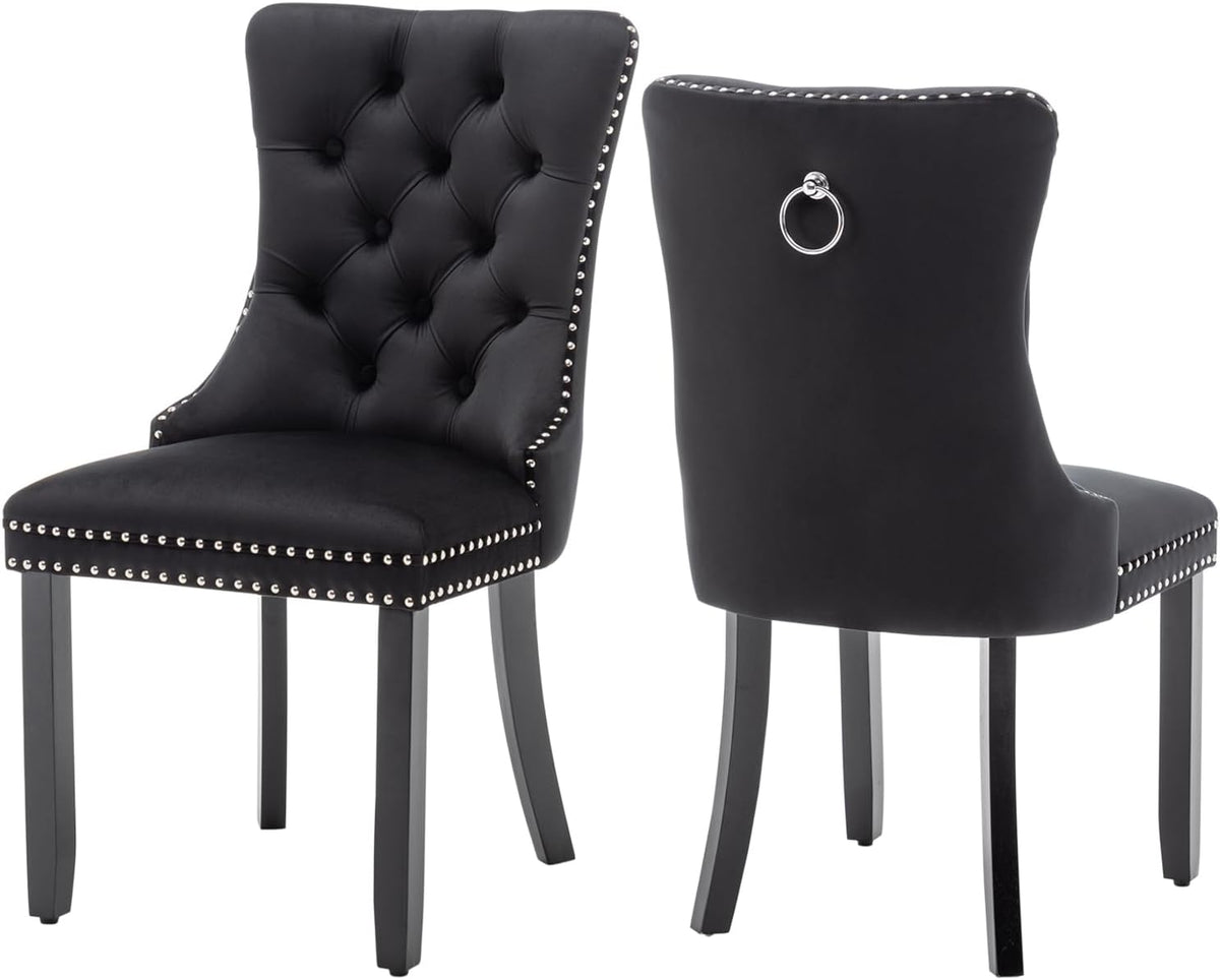 Virabit Velvet Dining Chairs, Tufted Upholstered Dining Chairs with Nailhead Back and Ring Pull Trim, Solid Wood Dining Chairs for Kitchen/Bedroom/Dining Room (Black, Set of 2)