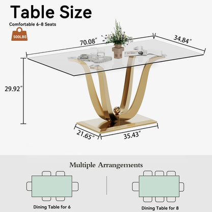 70" Modern Glass Dining Table for 6-8, Luxury Gold Glass Dining Room Table with Mirrored Floral-Shape Stainless Steel Base, Rectangle Kitchen Dinner Tables for Dining Room Kitchen