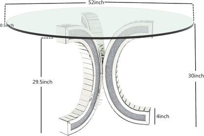 52" Round Glass Pedestal Dining Table with Tempered Glass Top, Mirrored Base with Crushed Diamonds, Modern Centerpiece