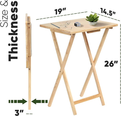 PJ Wood Folding TV Tray Tables, Natural Finish, 2-Piece Set | Solid Wood, 14.57x19.09x26 in, No Assembly Required, 12.7 kg Capacity, Rectangular Top, Indoor Use