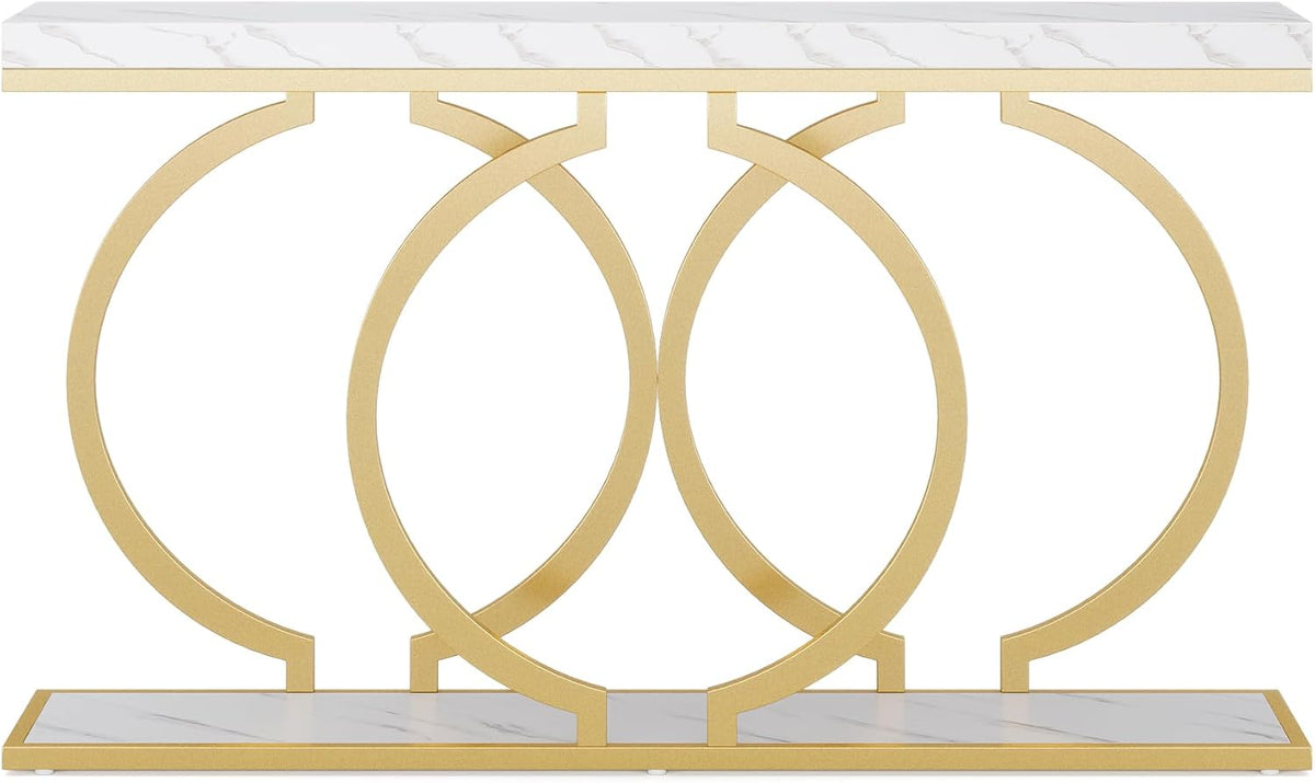 Tribesigns Gold Console Table, 55 inch Modern Entryway Table with Geometric Metal Frame, Faux Marble Narrow Long Sofa Table for Living Room, Entrance, Hallway, White and Gold