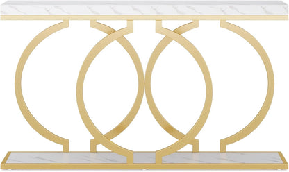 Tribesigns Gold Console Table, 55 inch Modern Entryway Table with Geometric Metal Frame, Faux Marble Narrow Long Sofa Table for Living Room, Entrance, Hallway, White and Gold