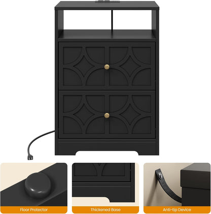 RoyalCraft Nightstand Set of 2, Large Night Stand with Charging Station, Modern Side Table with 2 Drawers, Accent End Table, Storage Cabinet for Bedroom, Entryway, Black