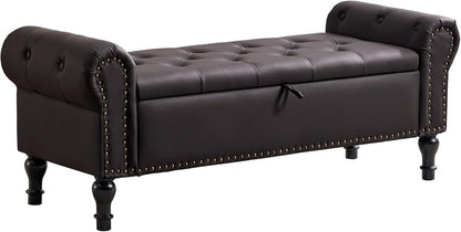 51" Storage Bench for Bedroom, Faux Leather End of Bed Bench, Queen Size Bench with Rolled Arms, Tufted Storage Ottoman Benches, Upholstered Bench for Bedroom, Living Room, Entryway, Dark Brown