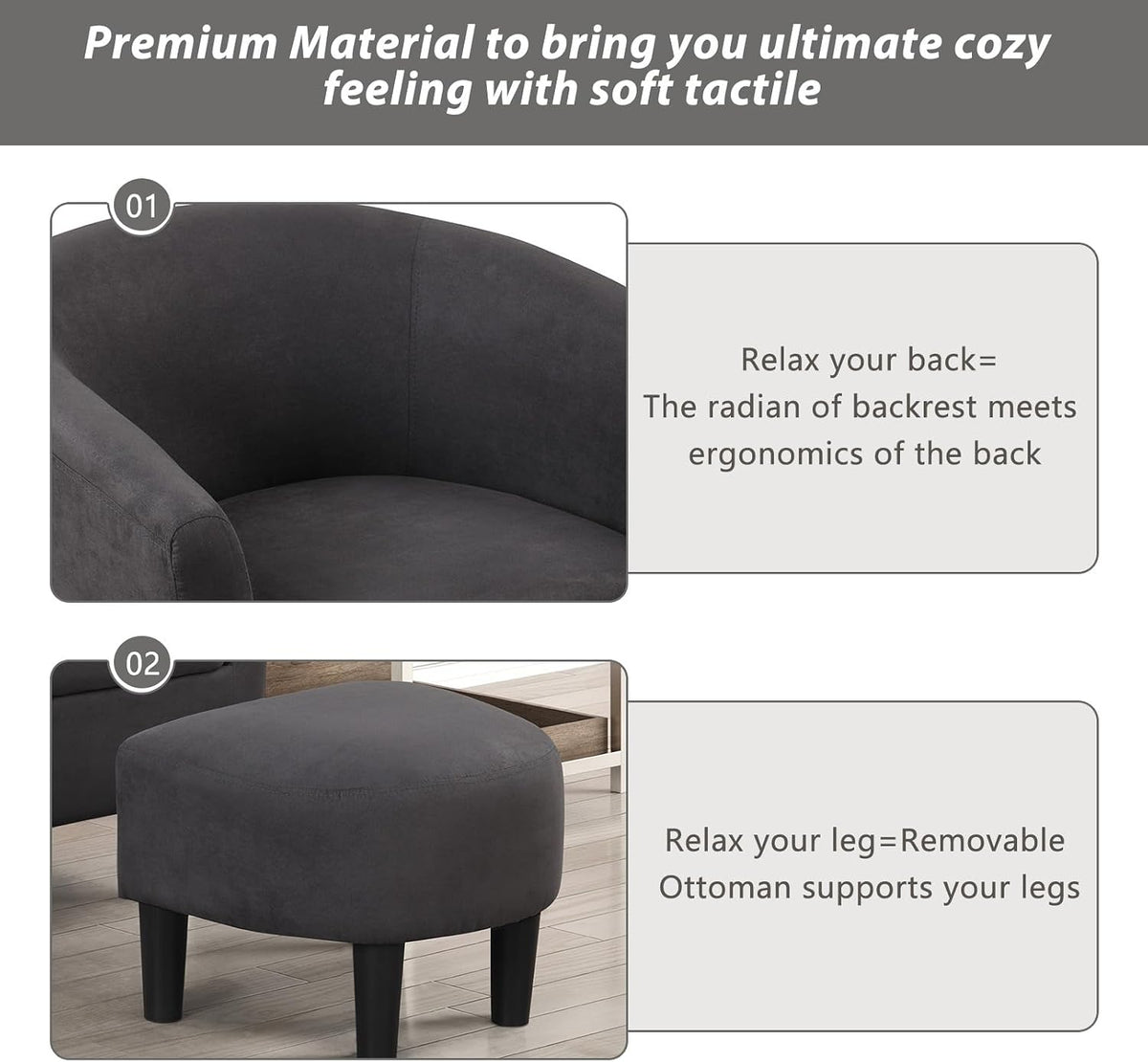 INZOY Modern Accent Chair with Ottoman for Small Space, Club Chair with Ottoman Set, Comfy Fabric Barrel Reading Chairs for Living Room Bedroom, Round Reading Chair with Foot Rest, Dark Grey