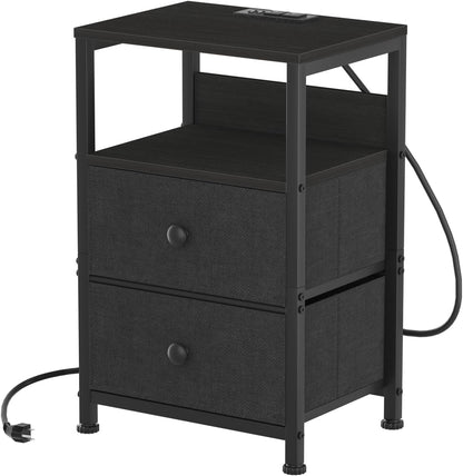 End Table with Charging Station & USB Ports, Rustic Nightstand with Fabric Drawers and Storage Shelf, Sofa Bed Side Table, Narrow Entryway Table for Bedroom Living Room, Black