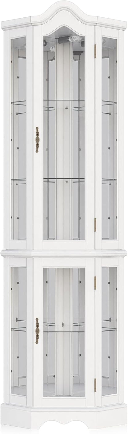 BELLEZE Lighted 3-Side Glass Display Curio Cabinet w/ Tempered Glass Doors and Shelves, Curved Wood Corner Cabinet with Bulb, Corner Storage Rack (White)
