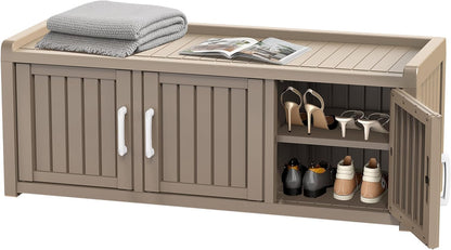 EasyUp Outdoor Shoes Storage Bench, Waterproof Resin Shoe Cabinet, Shoe Bench Entryway,2-Tier Hallway Shoes Rack with Adjustable Shelves for Entryway, Living Room, Bedroom(Grey,3 Door)