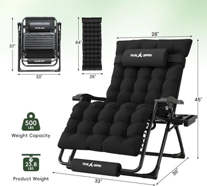 Amopatio Oversized Zero Gravity Chair XXL 33Inch Reclining Camping Lounge Chairs w/Removable Cushion&Headrest, Upgraded Lock and Footrest, Folding Patio Recliner for Indoor Outdoor, Black