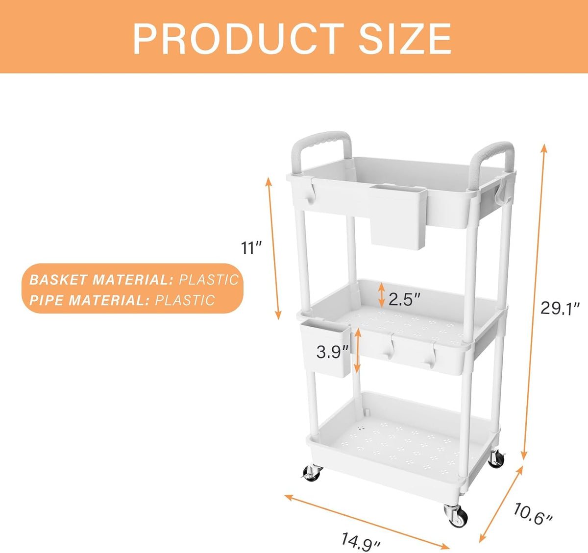 3 Tier Rolling Utility Cart with Handle,REBECAT Utility Cart Made of Multifunctional Storage Organizer Tool for Kitchen,Bathroom,Living Room,Office(White)
