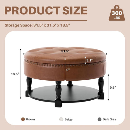 31.5 Inch Large Round Storage Ottoman with Wood Shelf Multifunctional Coffee Table Ottoman Round Storage Bench with Bottom Open Shelf for Living Room Bedroom Entryway Brown PU Leather