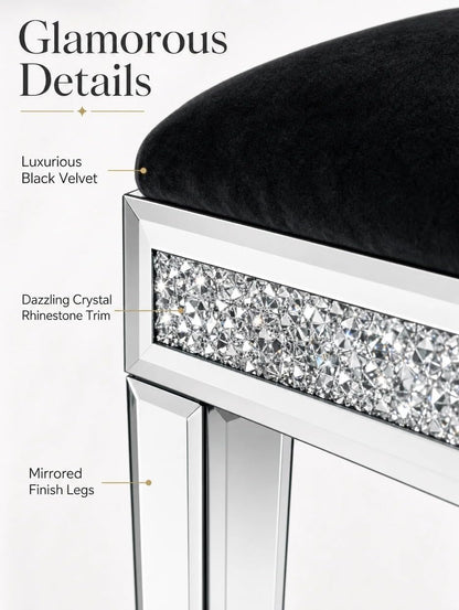 Vanity Stool with Storage, Velvet Upholstered Ottoman with Mirrored Legs, Hidden Storage Compartment, Diamond Trim Glam Makeup Chair & Piano Bench