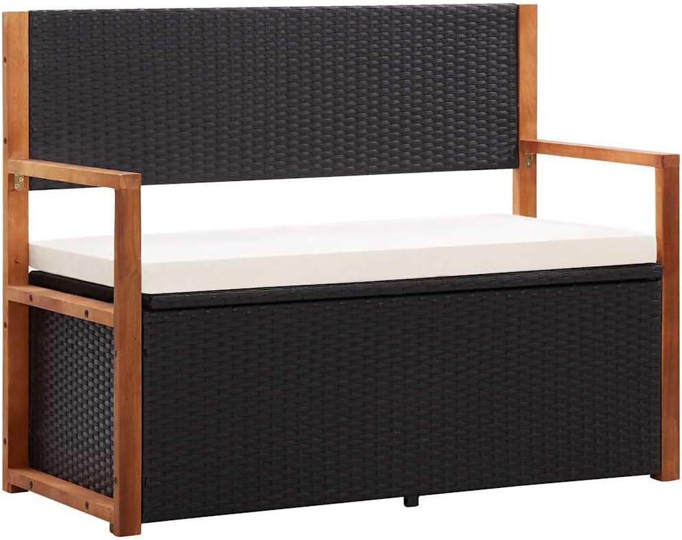 45.3" Storage Bench for Patio Garden, Poly Rattan Outdoor Bench with Large Storage Box and Solid Acacia Wood Accents, 2-Seat Deck Furniture with Comfortable Cushion, Black