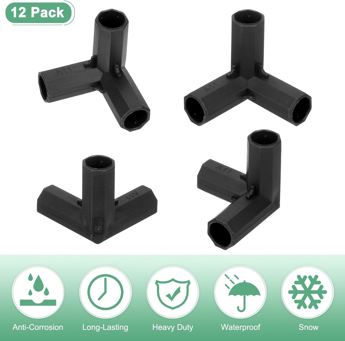 4 Pcs 11mm Greenhouse Frame Building Connectors, 3 Way Right Angle Pipe Fitting for Grape Trellis/Sunscreen Shed/Gardening Plant Stakes, Greenhouse Accessories [Black]