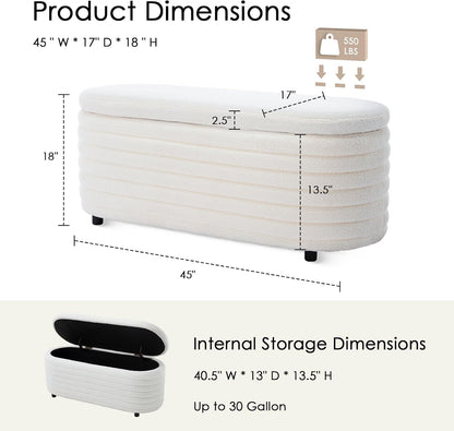 45.5" Storage Teddy Ottoman Bench Upholstered Fabric Bench Hidden Storage Chest with Slow-Close Safety Hinge for Bedroom, Living Room, Entryway, White