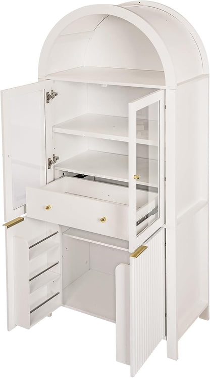 71" Fluted Tall Arched Kitchen Pantry with Glass Door, Farmhouse Storage Cabinet with Adjustable Shelves & Hidden Drawer for Kitchen, Living Room, Dining Room, White
