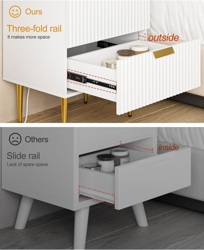 Nightstand with Charging Station, Bedside Table with Gold Frame,White Night Stand, End Table with 2Drawer, Mid Century Modern Bedside Table, Dresser for Bedroom,Living Room