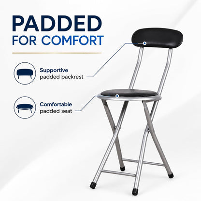 J&V TEXTILES Cushioned Padded Folding Stool with Back | Space-Saving Design, Folds Flat, Padded Backrest, Round Padded Seat, 2.8" Folded Thickness