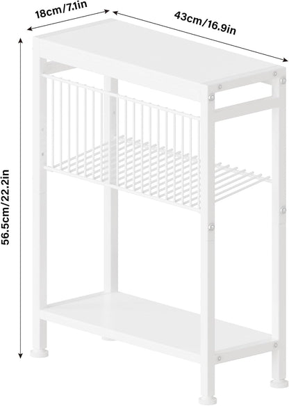 Side Table for Small Spaces, Narrow End Table with Magazine Holder, 2 in 1 Design Slim Side Table, Skinny Nightstand for Living Room Bedroom, Thin Side Magazine Table, White