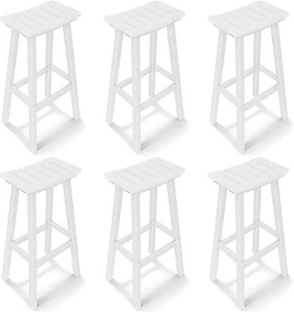 Outdoor Bar Stools Set of 6, 29 Inch All-Weather HDPE Bar Height Chairs, 500lbs Heavy Duty Patio Stools with Saddle Seat for Pub Table, Deck, Backyard(White, 6 Pcs 29")