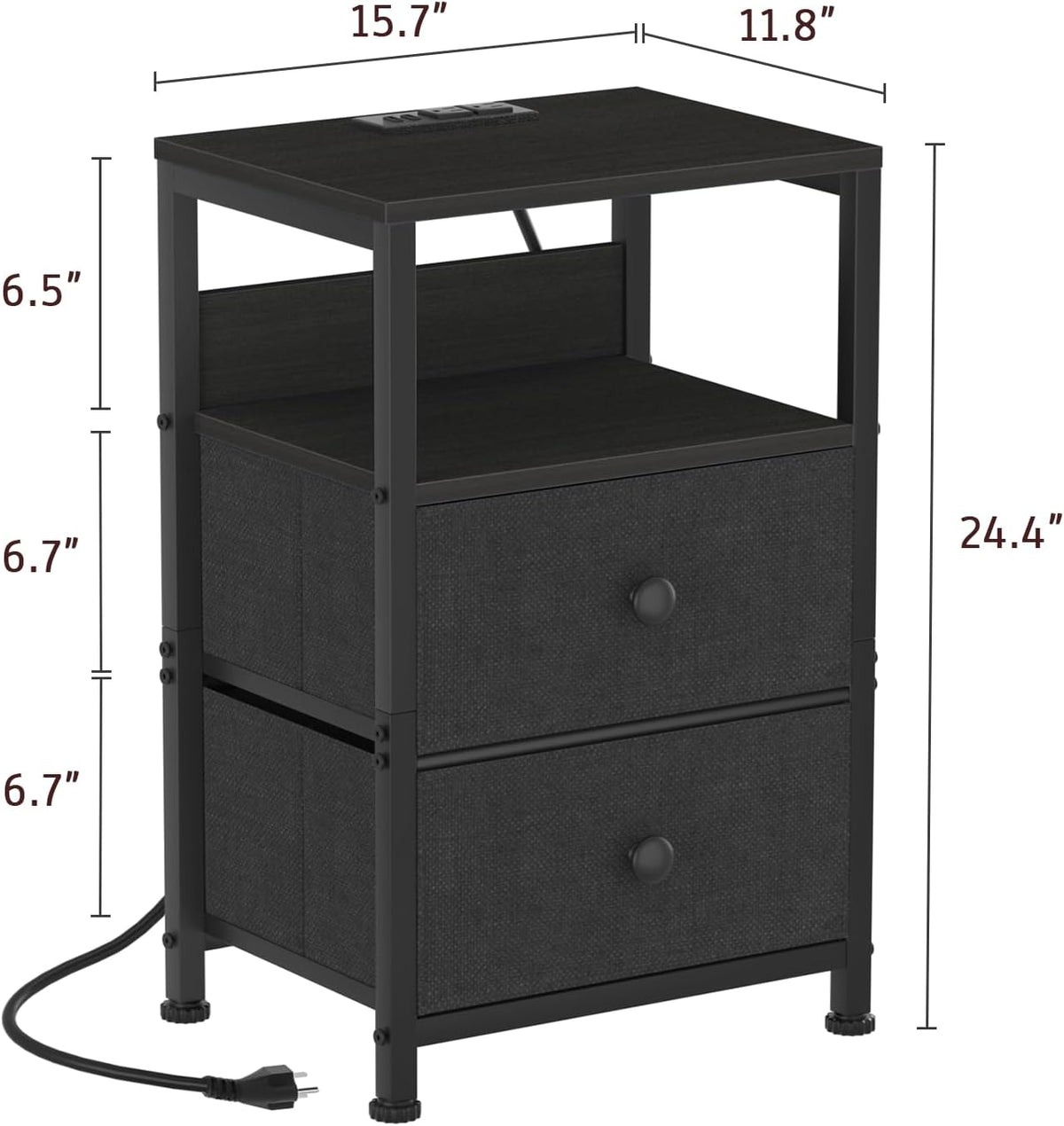 End Table with Charging Station & USB Ports, Rustic Nightstand with Fabric Drawers and Storage Shelf, Sofa Bed Side Table, Narrow Entryway Table for Bedroom Living Room, Black
