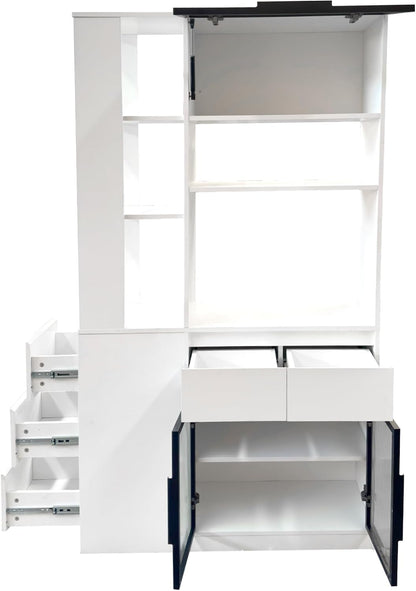 Modern 70.87" Tall Storage Cabinet with 5 Drawers, Glass Doors and Display Shelves, Freestanding Kitchen Pantry Cabinet with Microwave Space for Living Room, Dining Room, Hallway, White