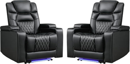 ANJ Power Home Theater Recliner Chair Set of 2, Electric Movie Theater Seating Reclining Chairs with Cup Holders for Living Room, Faux Leather with Blue LED, USB Ports, Hidden Arm Storage (Black)