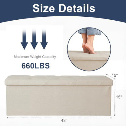 DUMOS 43 Inch Folding Storage Ottoman Bench, Large Hidden Storage Chest withThicker Foam Padded Seat, End of Bed Foot Rest Stool for Bedroom Living Room Entryway, Load 660 lbs, Beige