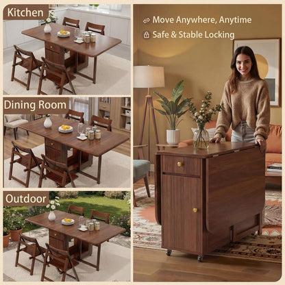Folding Drop Leaf Dining Room Table 4-6 Seater with Storage and Lockable Wheels, 51" Fully Assembled Solid Wood Space-Saving Foldable Kitchen Table (Walnut)