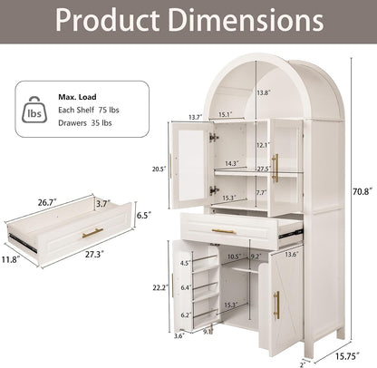 71" Tall Arched Kitchen Pantry Cabinet with Glass Doors - Farmhouse Storage Cabinet with Adjustable Shelves & Barn Door Design - Freestanding Cupboard for Kitchen, Dining & Living Room (White)
