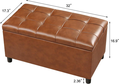 Joveco Storage Ottoman Bench, 32 Inches Faux Leather Rectangle Tufted Foot Stool for End Foot of Bed, Bedroom, Living Room, Creamy Caramel